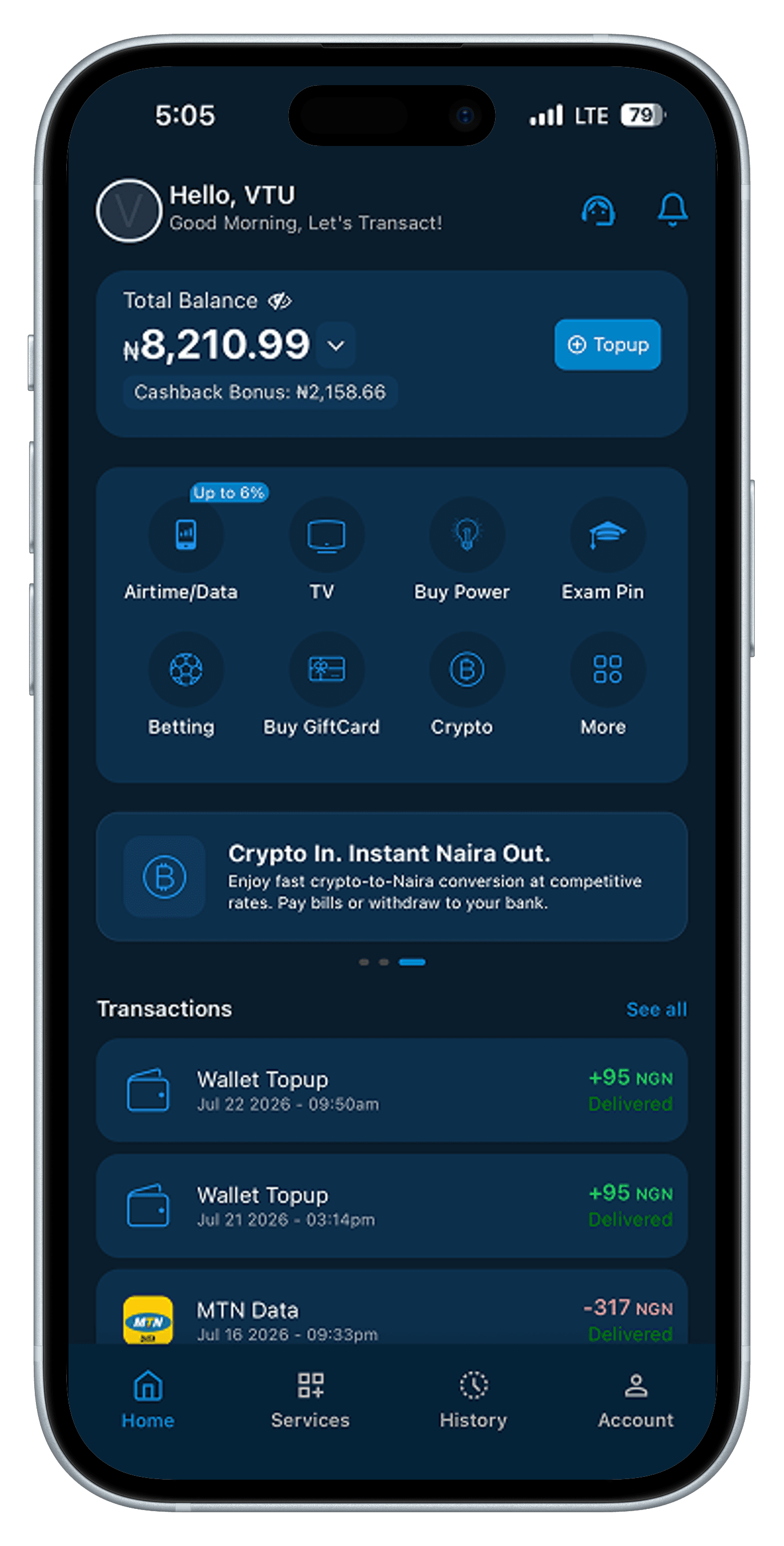 The VTUSquare app showing a wallet balance, service shortcuts and recent transactions