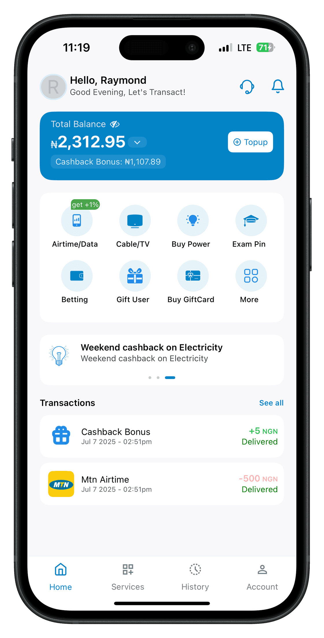 The VTUSquare app showing a wallet balance and quick service shortcuts