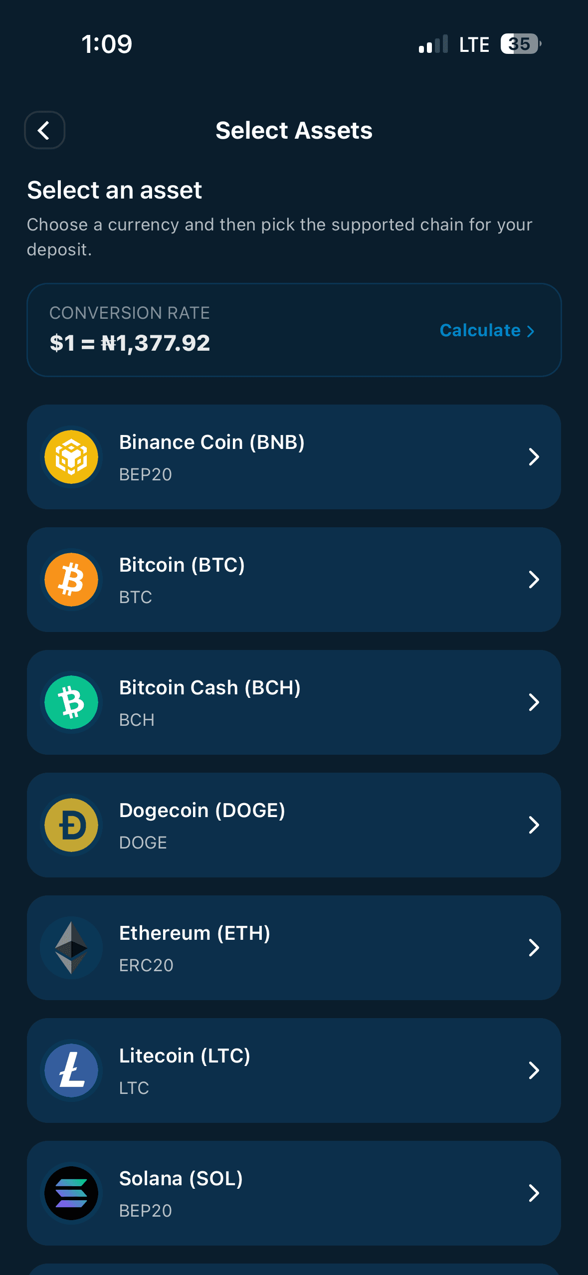The asset picker, showing supported coins with their chains and the live conversion rate