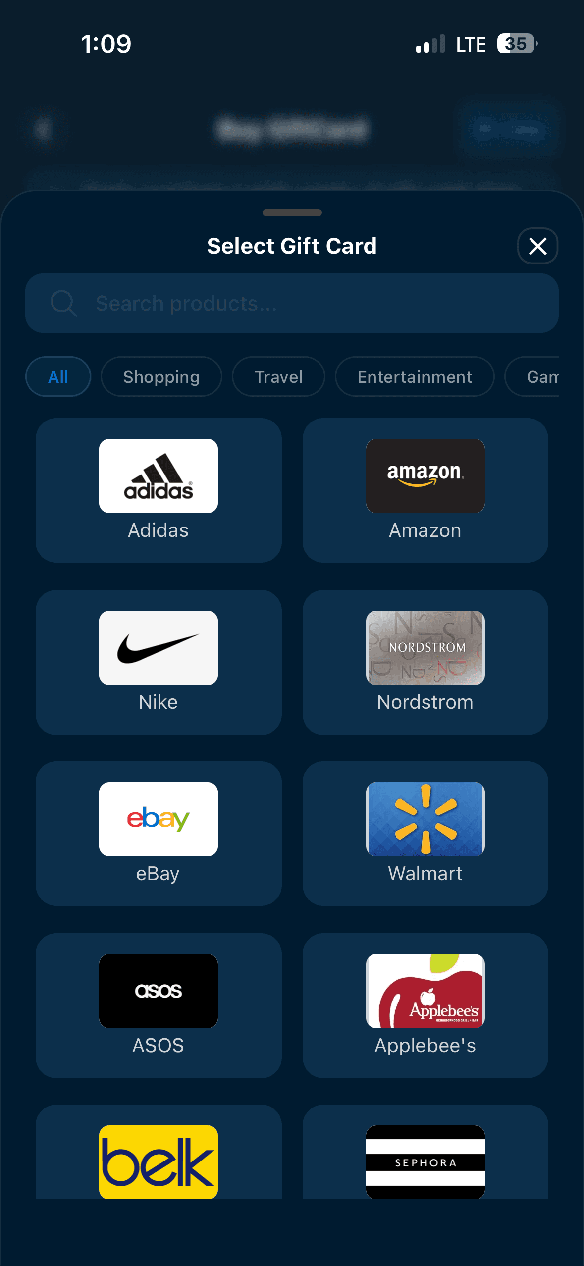 The gift card picker, showing brands grouped by category with a search field
