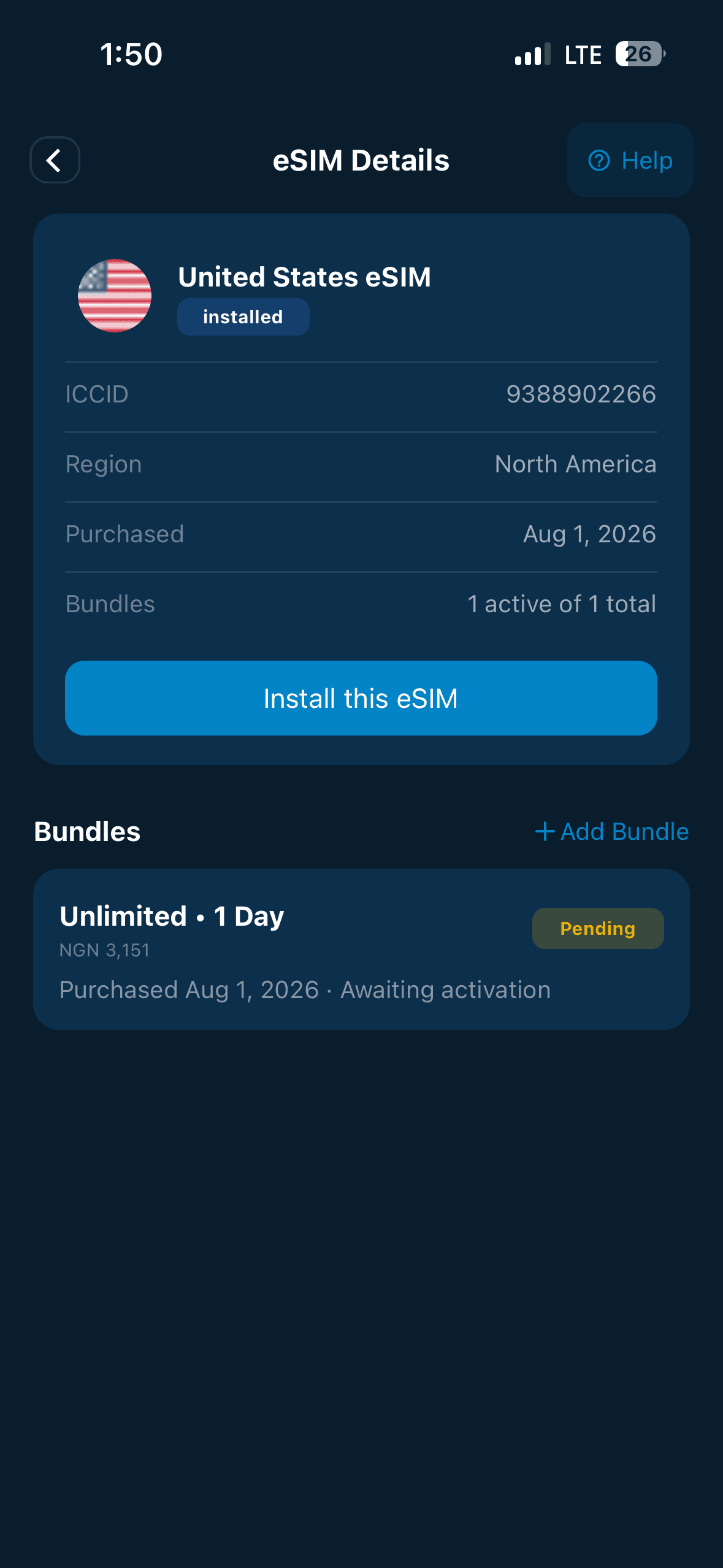 An eSIM detail screen, showing the region, the purchase date, an install button and the data bundles on the line