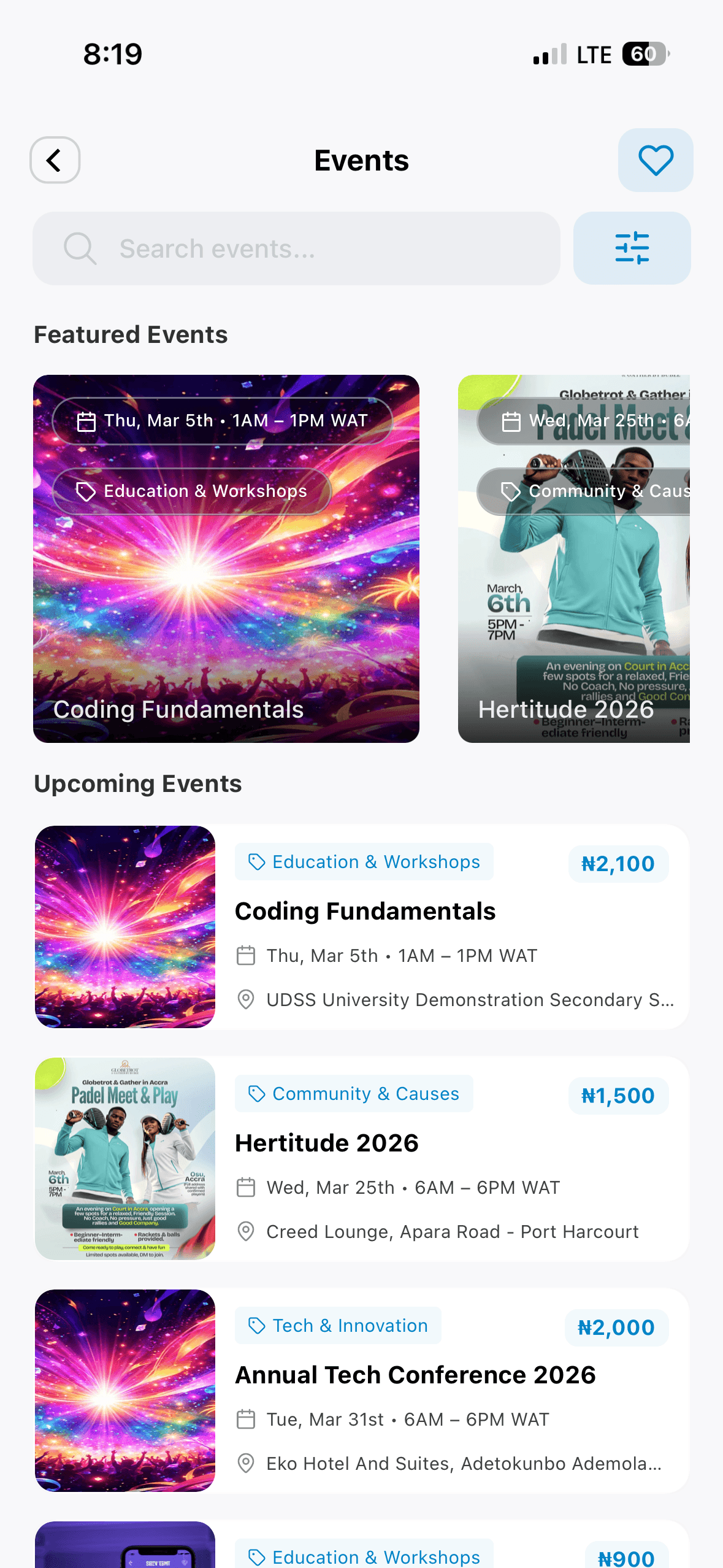 The events screen, with a search field, featured events and a list of upcoming ones showing category, price, date and venue