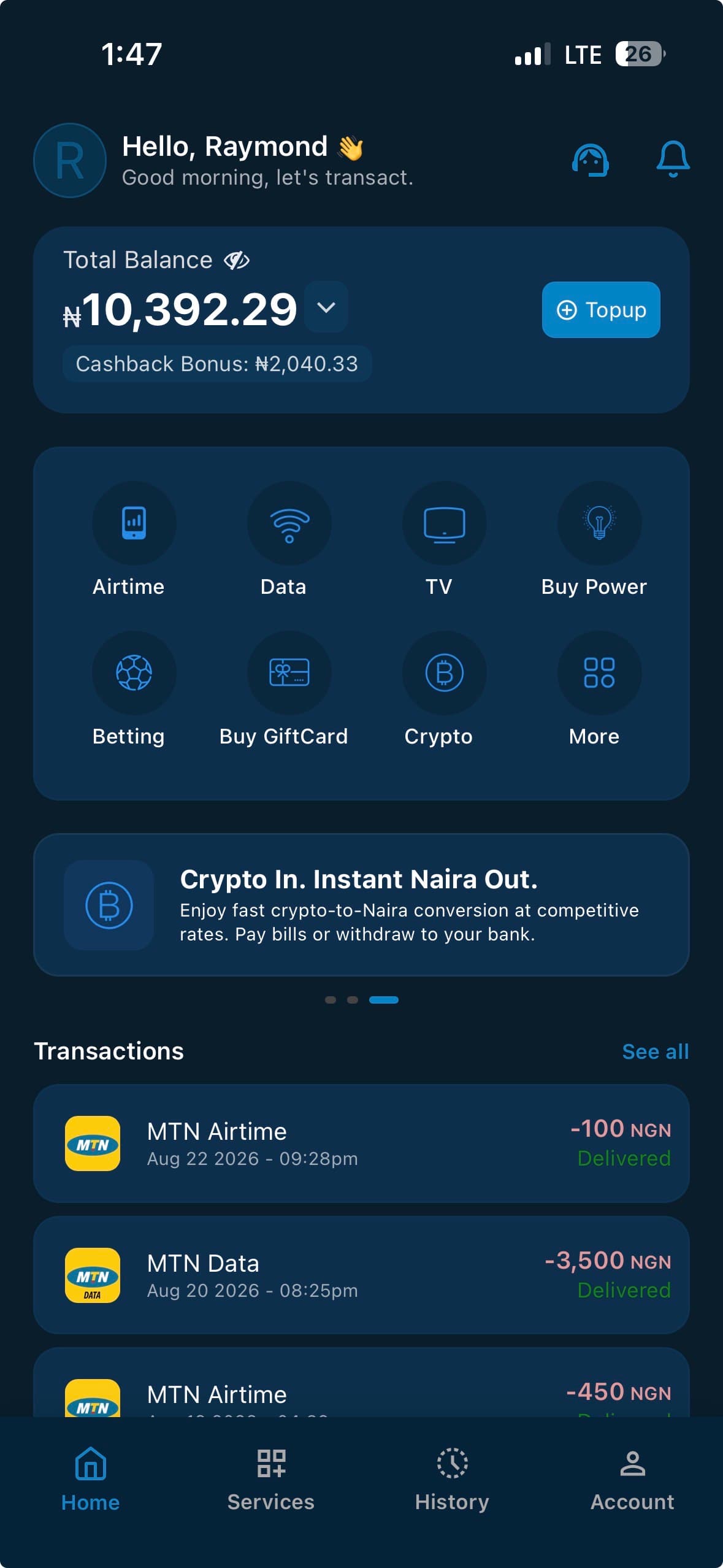 The wallet home screen, showing the balance, a cashback bonus, shortcuts to each service and recent transactions